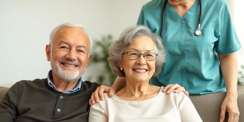 Elderly Australian couple smiling with a caregiver.