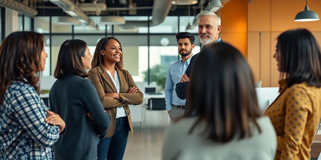 Leader engaging with team in a modern office environment.