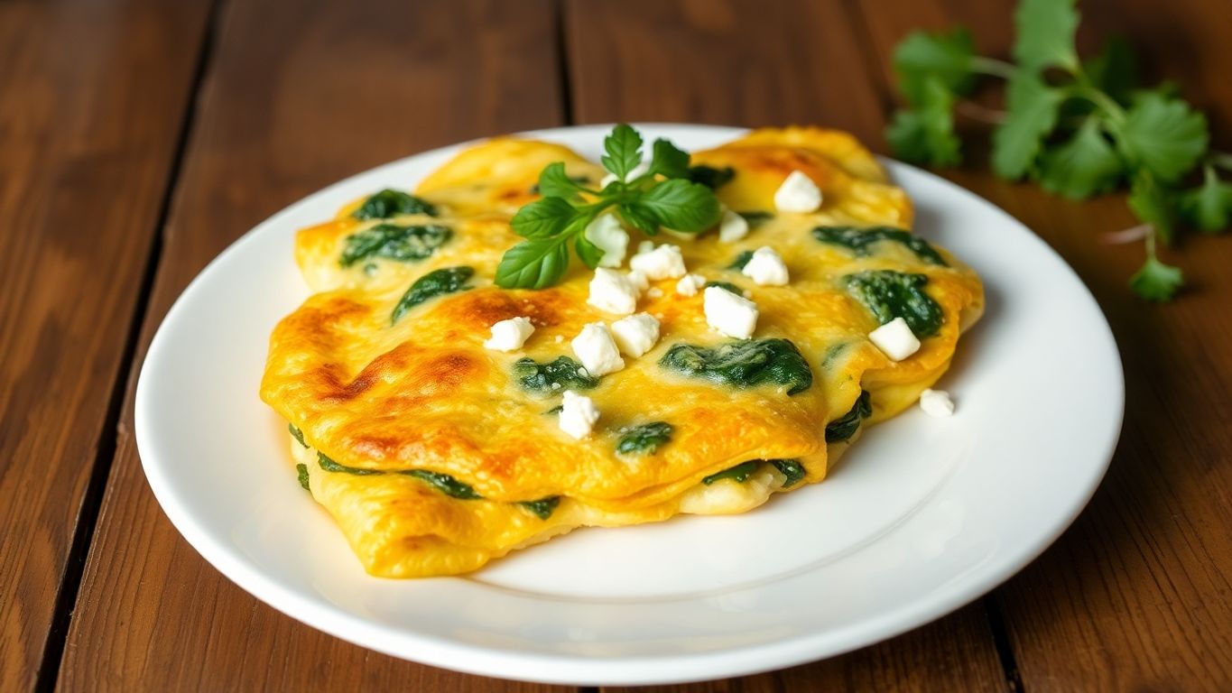 Spinach and goat cheese omelet on a white plate.