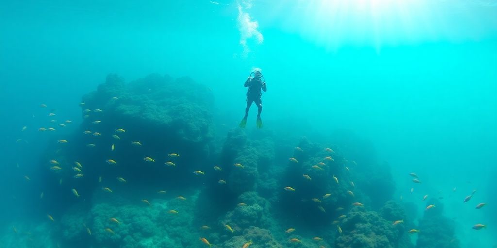 Divers swim through vibrant coral reef teeming with marine life.
