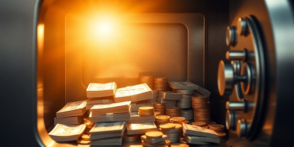 Coffre-fort bancaire ouvert avec des billets et des pièces.