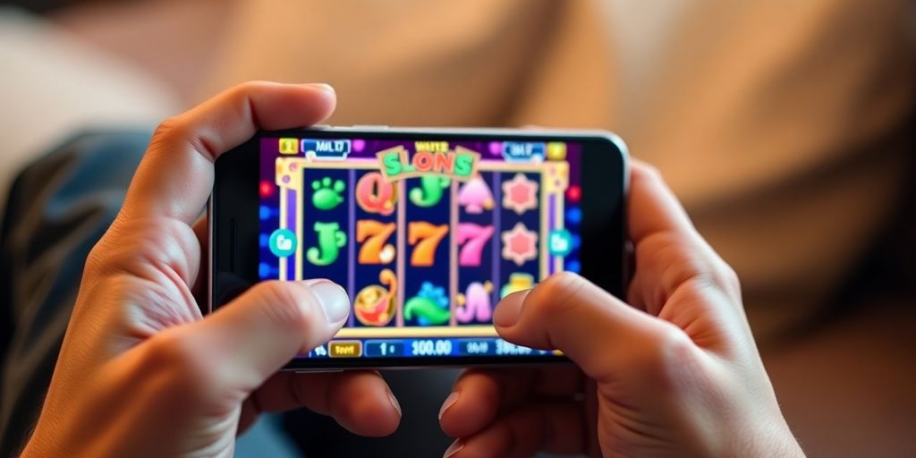 Mobile phone with casino game, vibrant, dynamic.