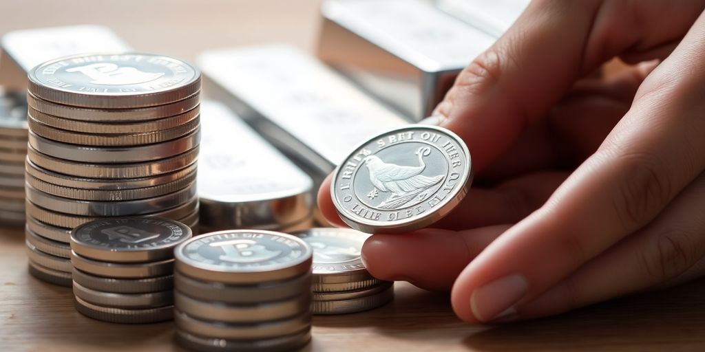 Pièces d'argent brillantes, lingots, mains tenant