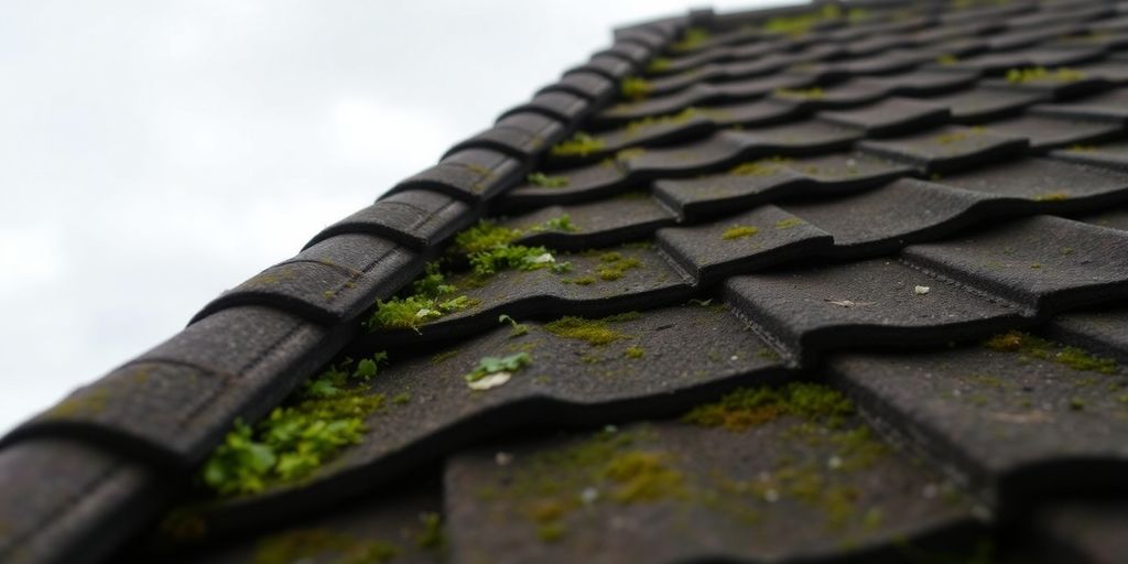 Weathered roof shingles with moss under cloudy sky.