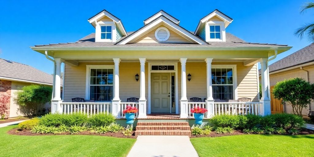 Restored house in Tampa with vibrant landscaping and inviting porch.