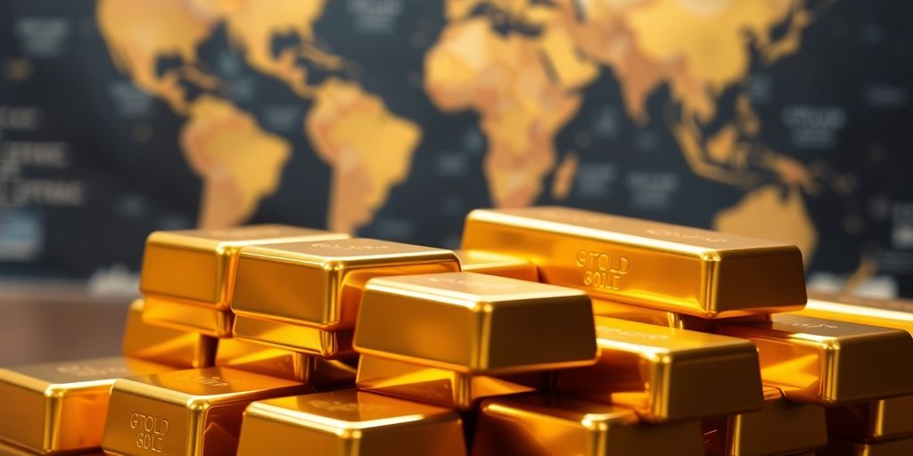 Lingots d'or empilés avec une carte du monde floue derrière.