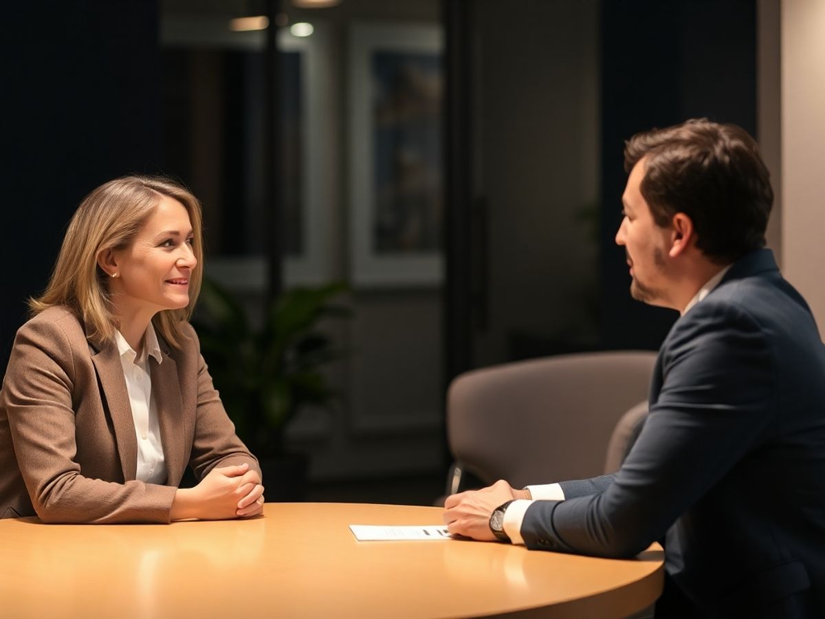 Discuție între două persoane la o masă rotundă.