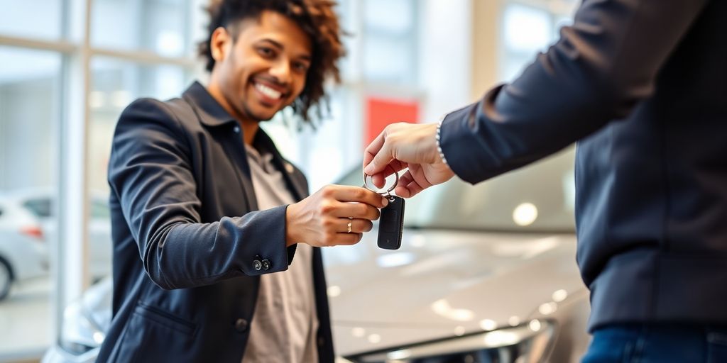Car trade exchange between two people, cars in background.