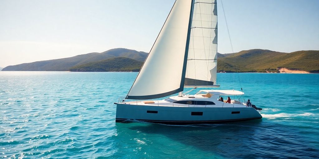Modern sailboat on clear blue water near coast.