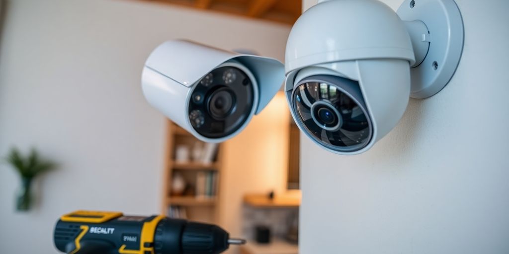 CCTV camera installation tools on a home wall.