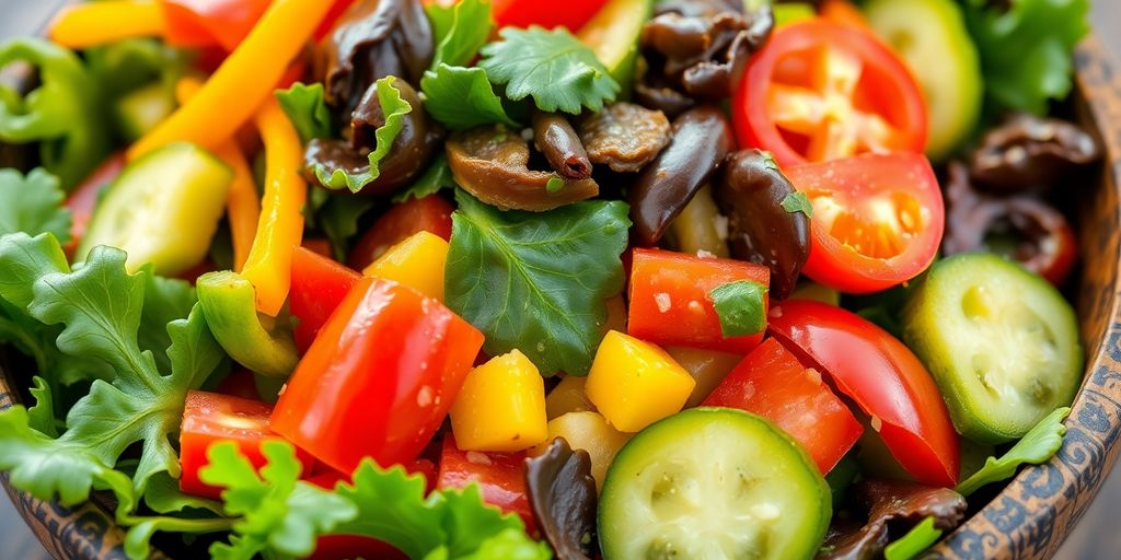 Vibrant vegetarian salad with colorful vegetables and a light dressing.
