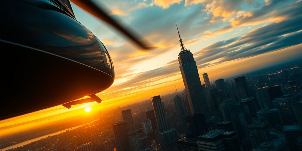 A helicopter flying over the New York City skyline.