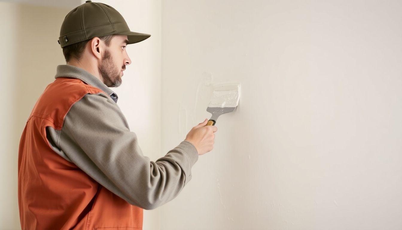Professional plasterer working on a wall in London.