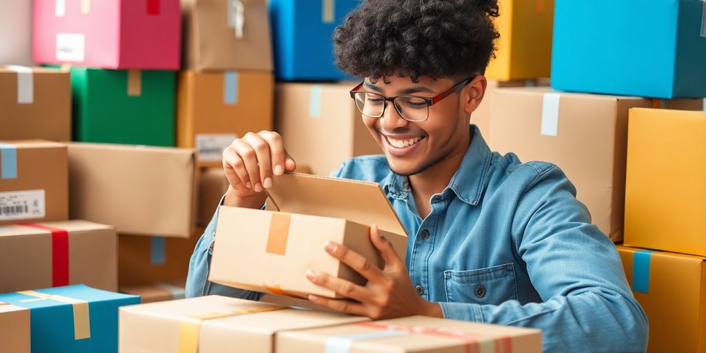 Person packaging a small parcel, surrounded by colorful shipping boxes.