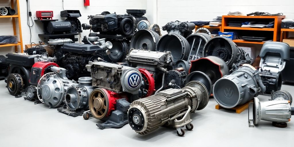 Volkswagen car parts scattered on a workshop floor.