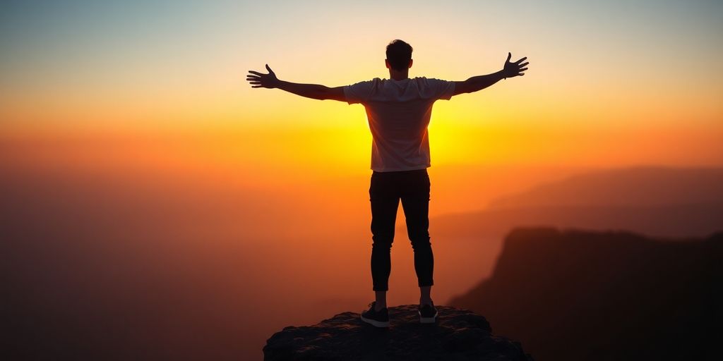 Man embracing freedom on a cliff at sunrise.