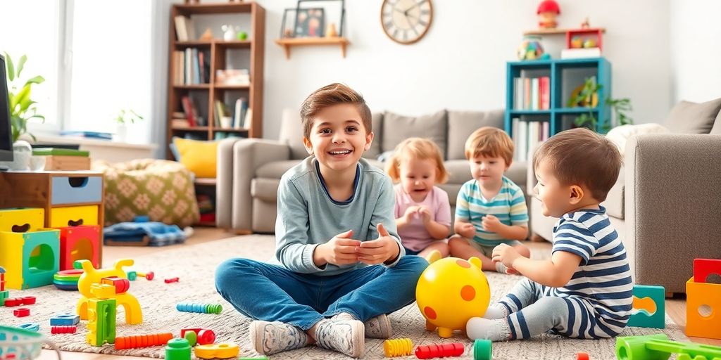 Young babysitter engaging with kids in a playful setting.