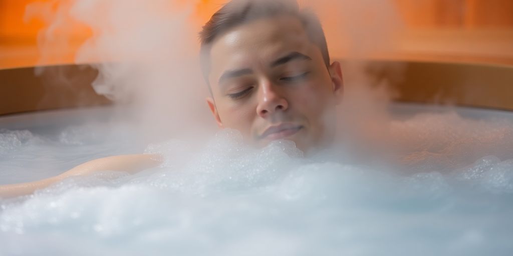Person relaxing in a steamy hot tub.