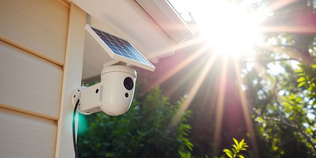 Solar wifi camera with battery on house wall