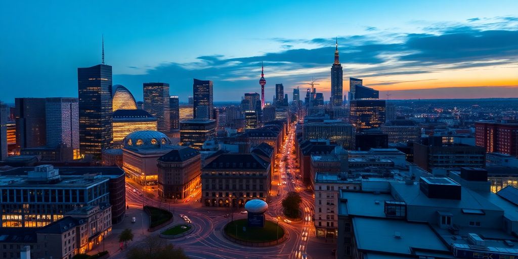 Bustling UK city skyline.