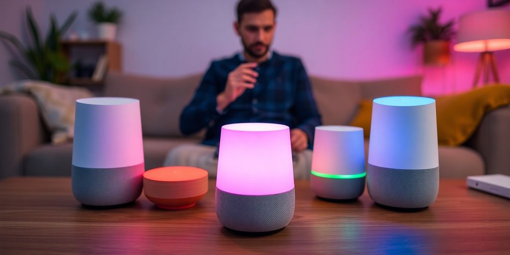 User interacting with Google Home voice commands in a living room.
