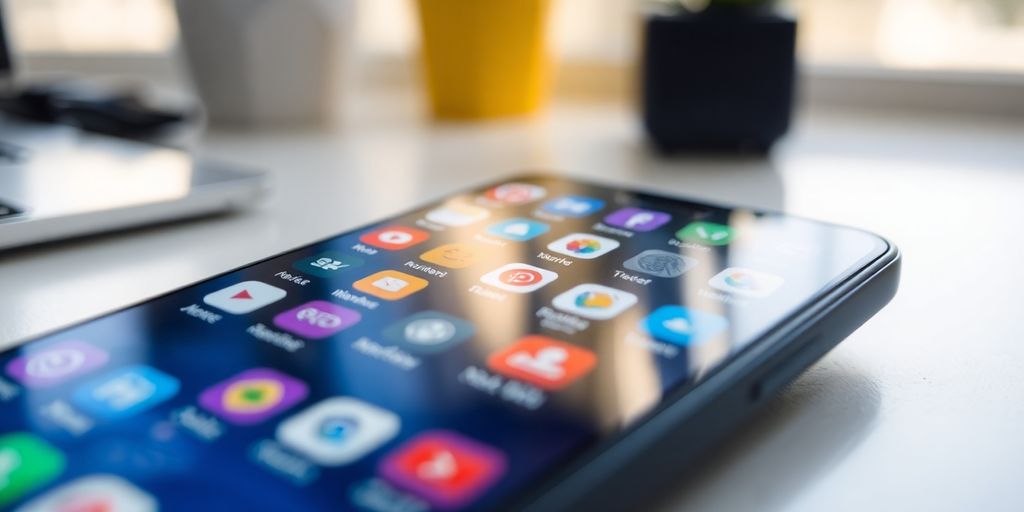 A sleek smartphone displaying various vibrant app icons.