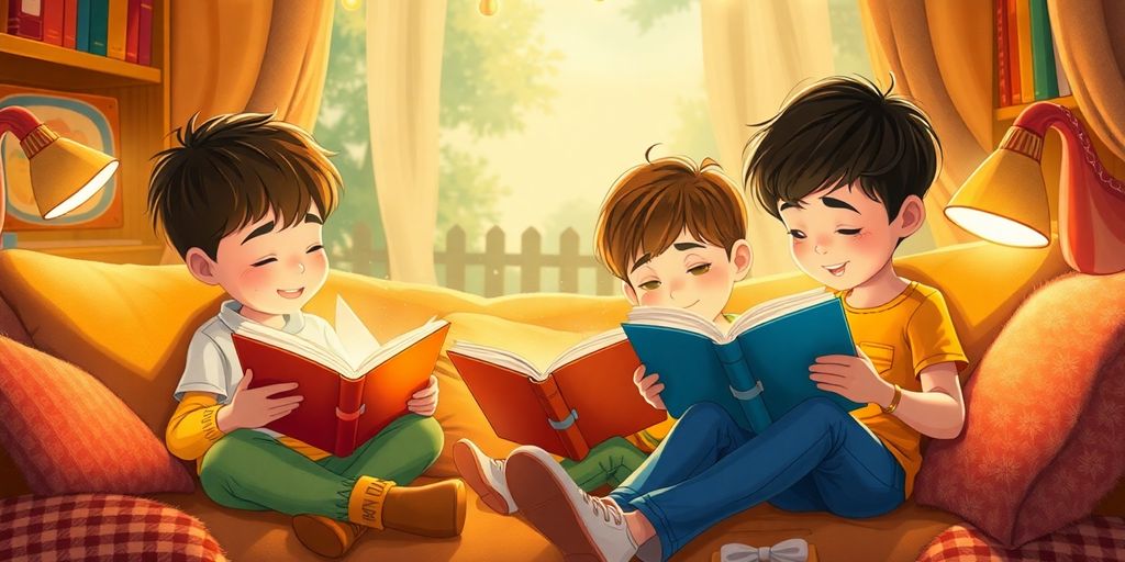 Children reading classic stories in a cozy setting.
