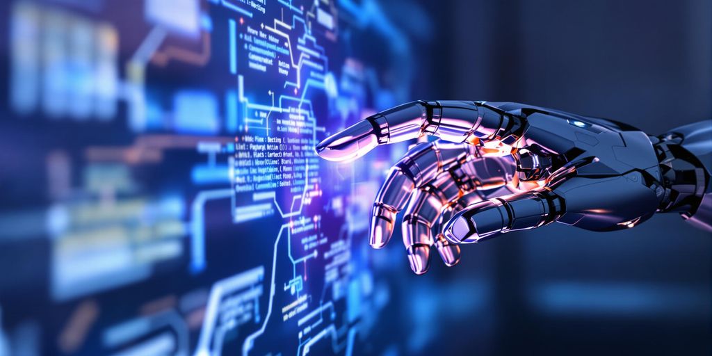 Minimalistic robotic hand interacts with glowing computer interface.