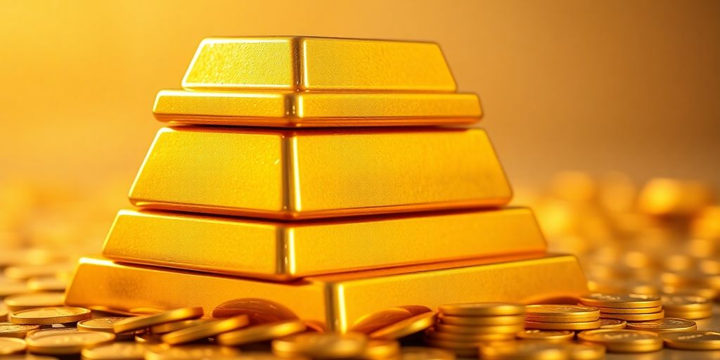 Lingots d'or empilés et pièces d'or brillantes