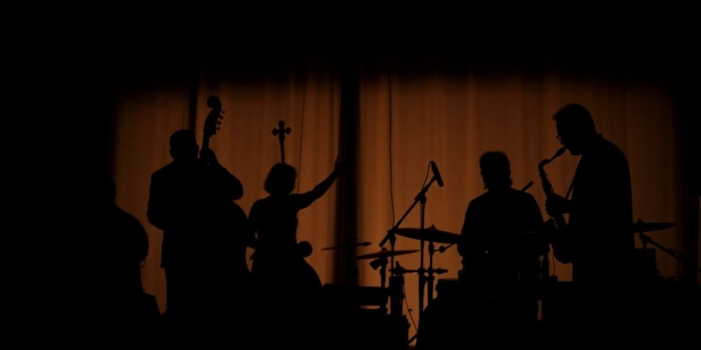 Silhouettes of a jazz ensemble performing in low light.