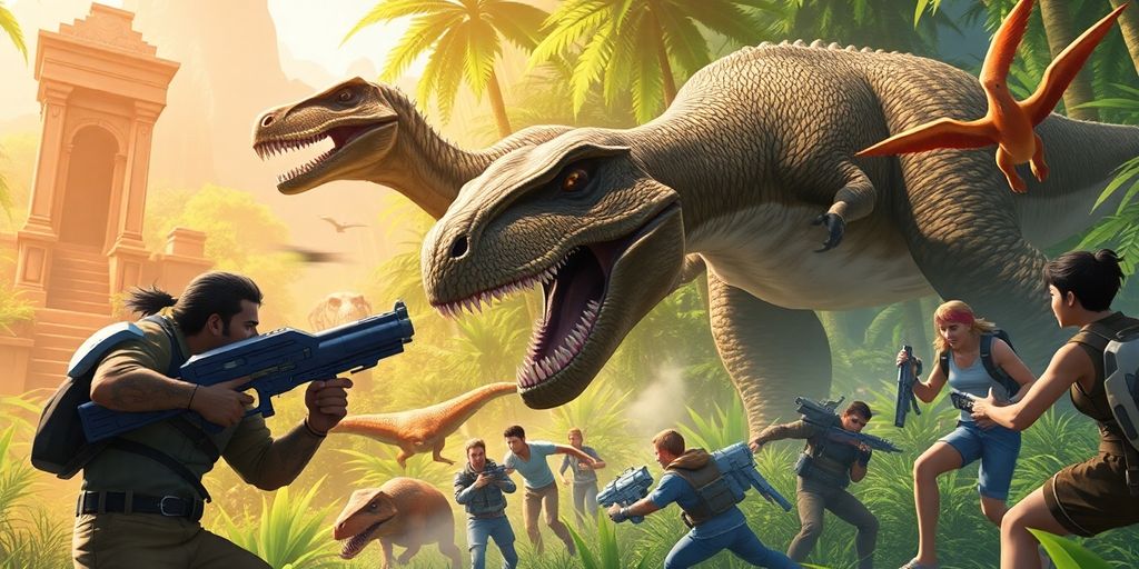 Players battling diverse dinosaurs in a futuristic game world.