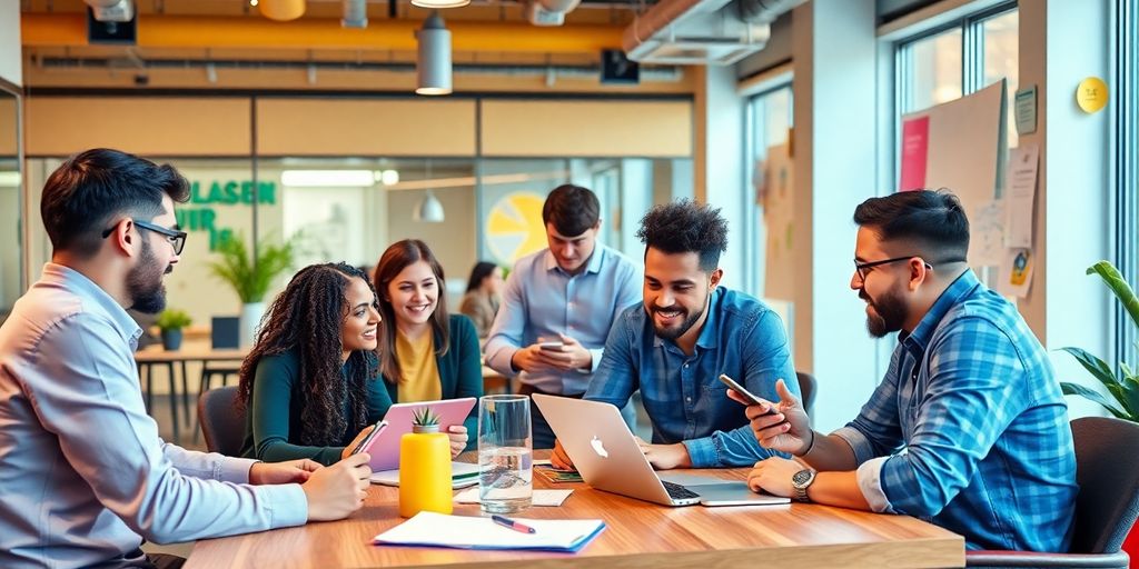 Entrepreneurs collaborating in a modern office for crowdfunding.