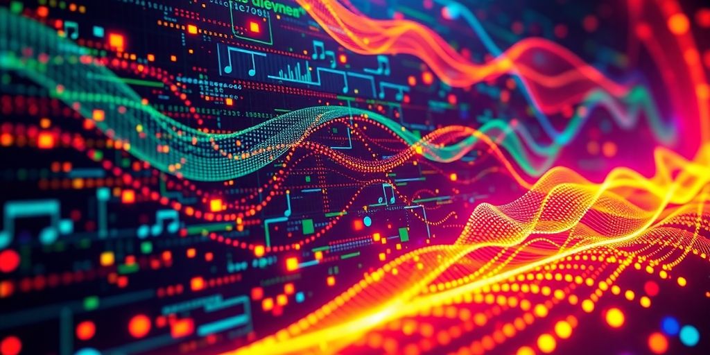 Abstract sound waves morphing into musical notes.