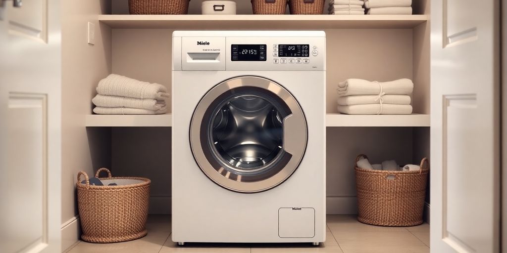 Moderne Miele Waschmaschine in stilvollem Waschraum.