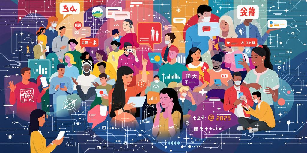 Diverse people using devices for global communication exchange.