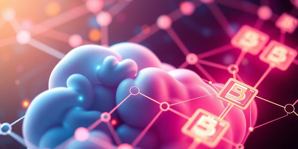 Close-up of a digital cloud with blockchain nodes.