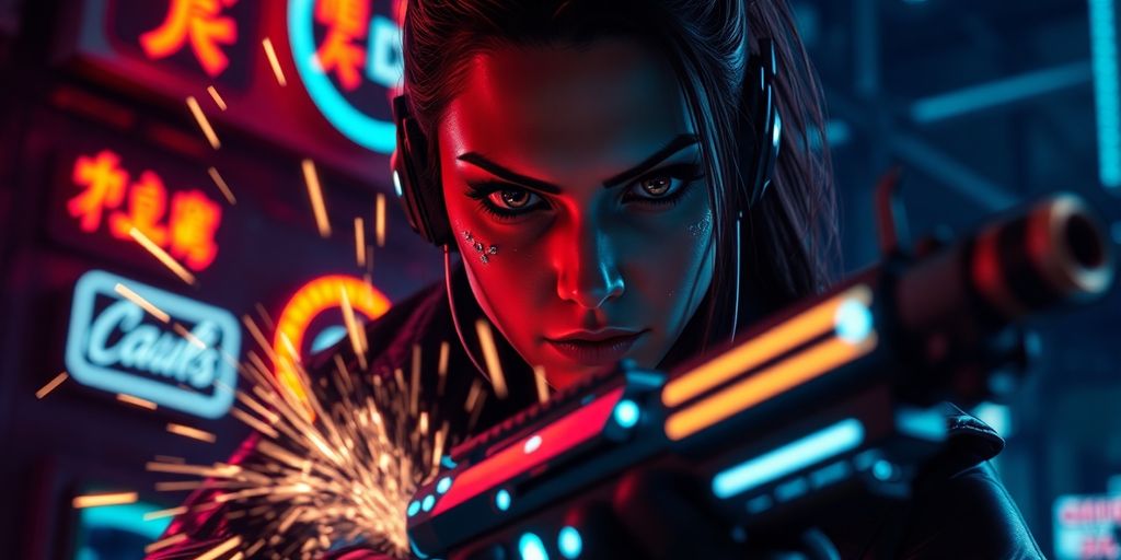 Close-up: Cyberpunk character with glowing weapons.