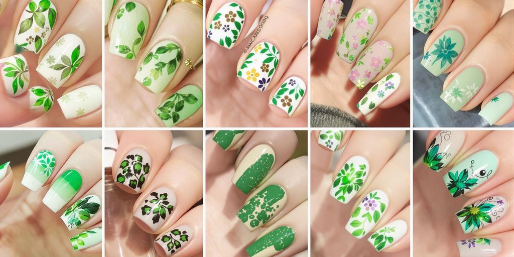 Unhas decoradas em diferentes tons de verde.