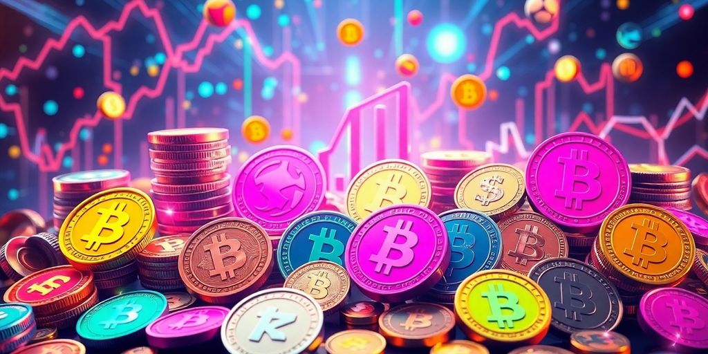 Colorful cryptocurrencies with a futuristic background image.