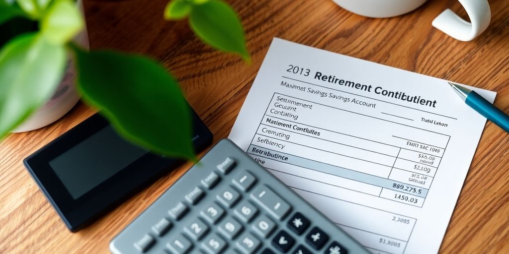 Calculator and retirement statement on a wooden desk.