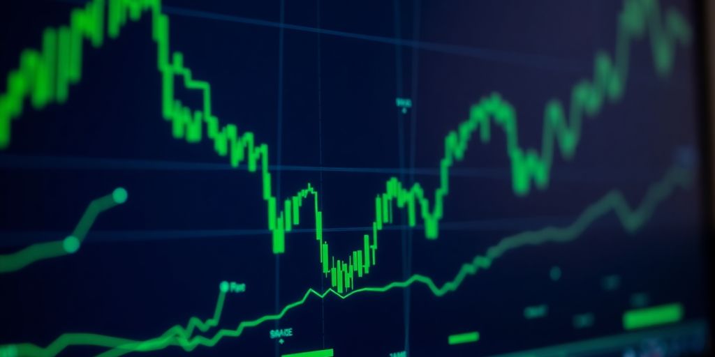 Digital trading interface with flowing green data.