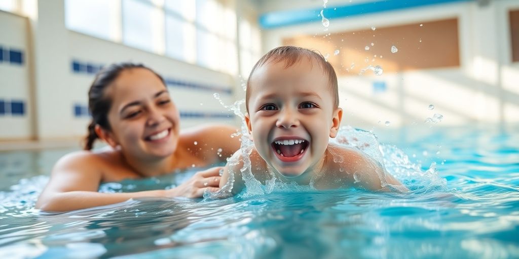 Child happily swimming with instructor in Brooklyn pool.