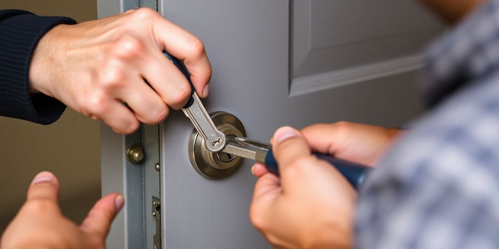 Ein Schlüsseldienst-Mitarbeiter öffnet eine Tür.