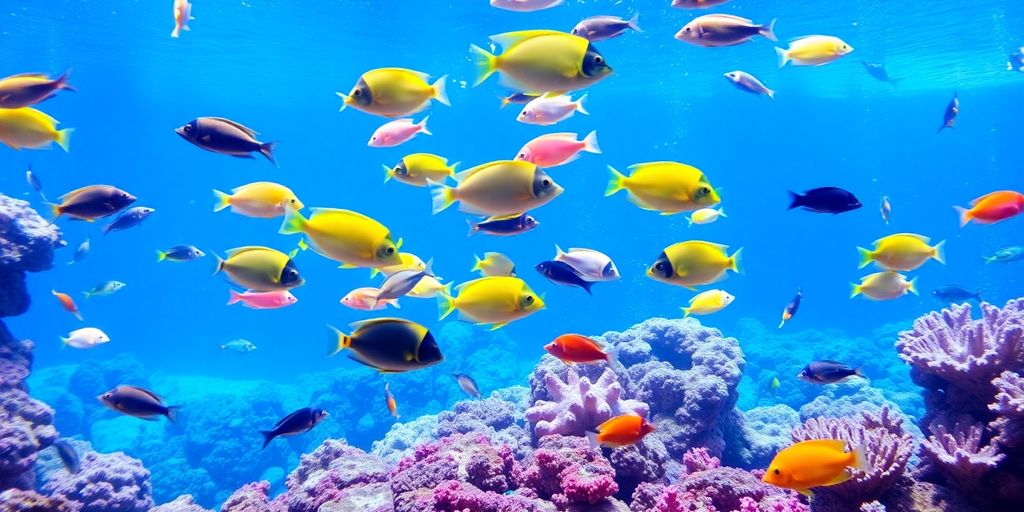 色彩斑斓的海水鱼在珊瑚礁中游泳。