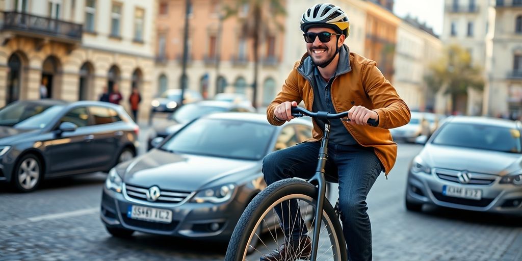 Man riding a bizarre, oversized unicycle on a city street.