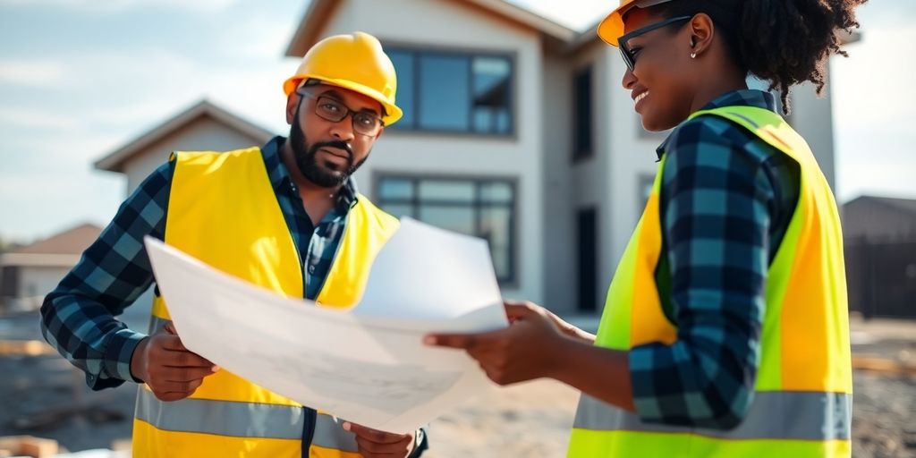 Construction contractor reviewing building plans onsite.