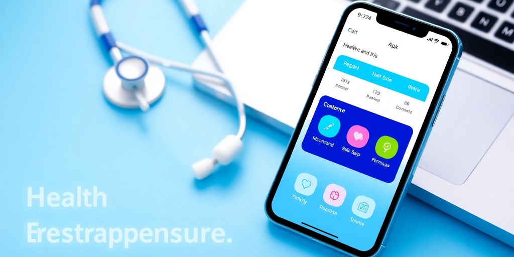 Smartphone displaying health app with stethoscope and laptop.