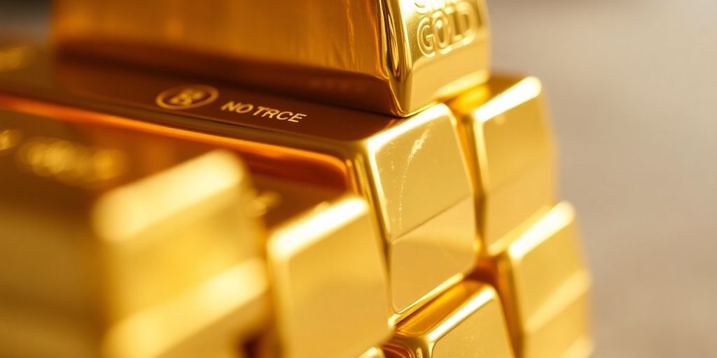 Barres d'or brillantes empilées sur fond neutre.
