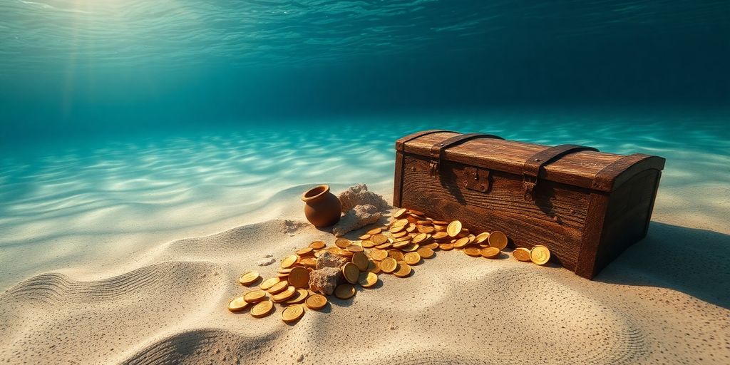 Trésor d'or et d'argent d'une épave sous-marine.