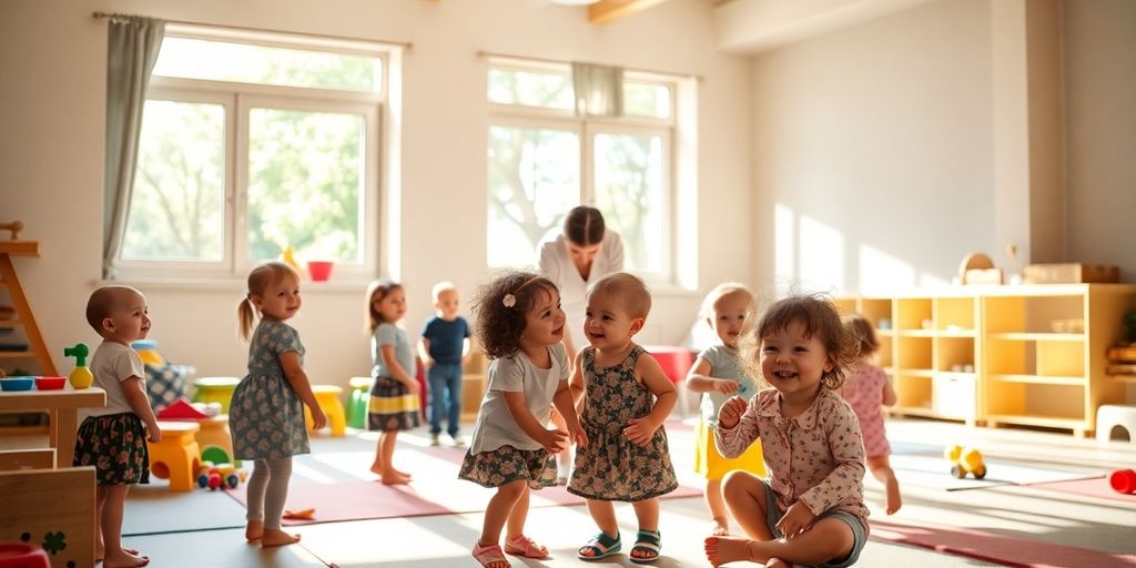 Crianças brincando alegremente em um ambiente de creche